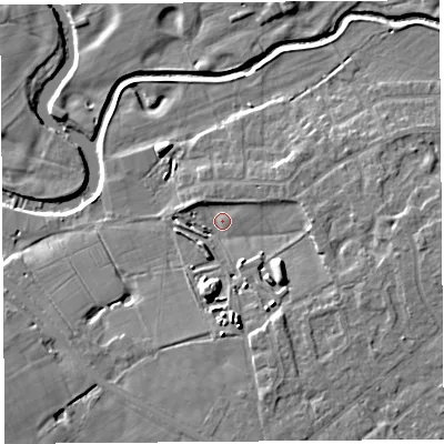 Shaded relief map of the ground around PR30NA, computed from Environment Agency LiDAR. The ground here sits at about 14 m above sea level and falls 9 m across the surrounding 800 m. Surface water reaching this point runs off ground lying to the south-east, 7.6 m higher.