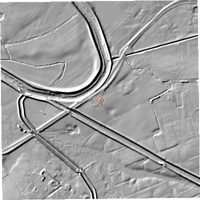 Shaded relief map of the ground around PR30NB, computed from Environment Agency LiDAR. The ground here sits at about 7 m above sea level and falls 4 m across the surrounding 800 m. Surface water reaching this point runs off ground lying to the north, 0.7 m higher.