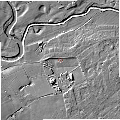 Shaded relief map of the ground around PR30ND, computed from Environment Agency LiDAR. The ground here sits at about 14 m above sea level and falls 9 m across the surrounding 800 m. Surface water reaching this point runs off ground lying to the east-north-east, 3.8 m higher.