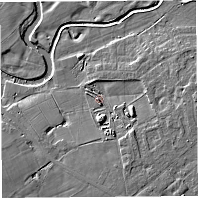 Shaded relief map of the ground around PR30NE, computed from Environment Agency LiDAR. The ground here sits at about 14 m above sea level and falls 9 m across the surrounding 800 m. Surface water reaching this point runs off ground lying to the east-south-east, 7.6 m higher.