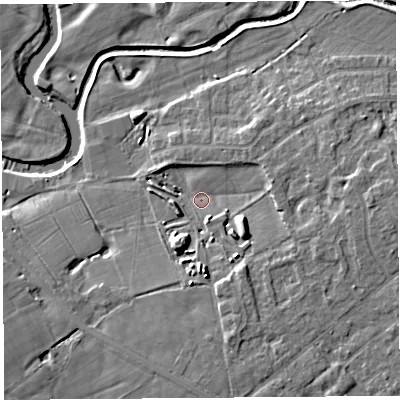 Shaded relief map of the ground around PR30NJ, computed from Environment Agency LiDAR. The ground here sits at about 13 m above sea level and falls 9 m across the surrounding 800 m. Surface water reaching this point runs off ground lying to the east-south-east, 7.0 m higher.