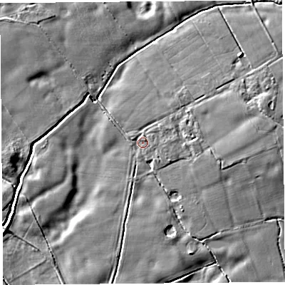 Shaded relief map of the ground around PR30PA, computed from Environment Agency LiDAR. The ground here sits at about 11 m above sea level and falls 8 m across the surrounding 800 m. Surface water reaching this point runs off ground lying to the east-north-east, 1.0 m higher.