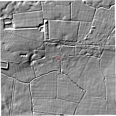 Shaded relief map of the ground around PR30PB, computed from Environment Agency LiDAR. The ground here sits at about 12 m above sea level and falls 7 m across the surrounding 800 m. Surface water reaching this point runs off ground lying to the north-east, 1.4 m higher.