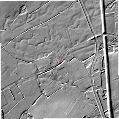 Shaded relief map of the ground around PR30PL, computed from Environment Agency LiDAR. The ground here sits at about 18 m above sea level and falls 12 m across the surrounding 800 m. Surface water reaching this point runs off ground lying to the east-north-east, 9.3 m higher.