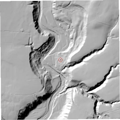 Shaded relief map of the ground around PR30PP, computed from Environment Agency LiDAR. The ground here sits at about 91 m above sea level and falls 55 m across the surrounding 800 m. Surface water reaching this point runs off ground lying to the north-east, 31.8 m higher.