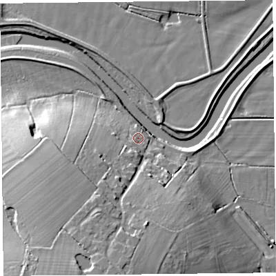 Shaded relief map of the ground around PR30PT, computed from Environment Agency LiDAR. The ground here sits at about 9 m above sea level and falls 23 m across the surrounding 800 m. Surface water reaching this point runs off ground lying to the south-west, 6.7 m higher.