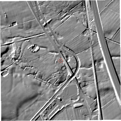 Shaded relief map of the ground around PR30RA, computed from Environment Agency LiDAR. The ground here sits at about 22 m above sea level and falls 14 m across the surrounding 800 m. Surface water reaching this point runs off ground lying to the east-south-east, 2.0 m higher.