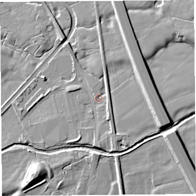 Shaded relief map of the ground around PR30RB, computed from Environment Agency LiDAR. The ground here sits at about 23 m above sea level and falls 13 m across the surrounding 800 m. Surface water reaching this point runs off ground lying to the south-south-east, 2.8 m higher.