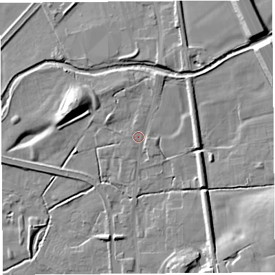 Shaded relief map of the ground around PR30RD, computed from Environment Agency LiDAR. The ground here sits at about 22 m above sea level and falls 15 m across the surrounding 800 m. Surface water reaching this point runs off ground lying to the north-north-east, 3.6 m higher.