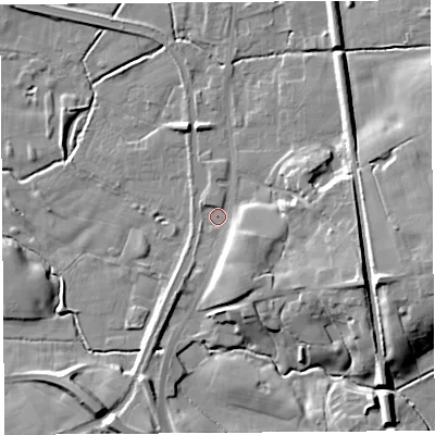 Shaded relief map of the ground around PR30RE, computed from Environment Agency LiDAR. The ground here sits at about 21 m above sea level and falls 16 m across the surrounding 800 m. Surface water reaching this point runs off ground lying to the east-south-east, 11.9 m higher.