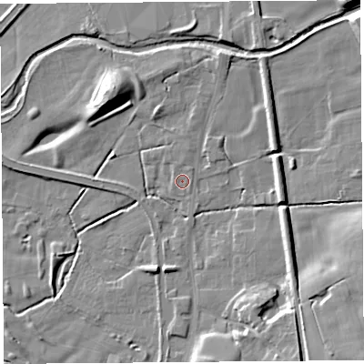Shaded relief map of the ground around PR30RF, computed from Environment Agency LiDAR. The ground here sits at about 22 m above sea level and falls 15 m across the surrounding 800 m. Surface water reaching this point runs off ground lying to the north-north-east, 1.0 m higher.