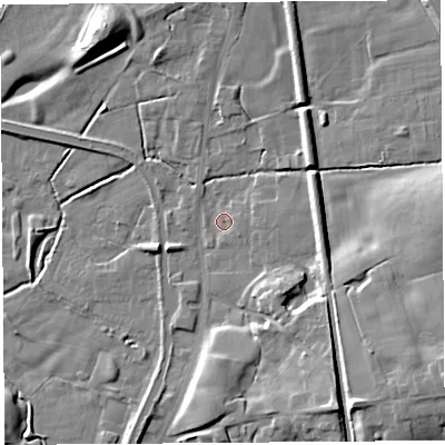 Shaded relief map of the ground around PR30RH, computed from Environment Agency LiDAR. The ground here sits at about 21 m above sea level and falls 16 m across the surrounding 800 m. Surface water reaching this point runs off ground lying to the south-east, 1.4 m higher.