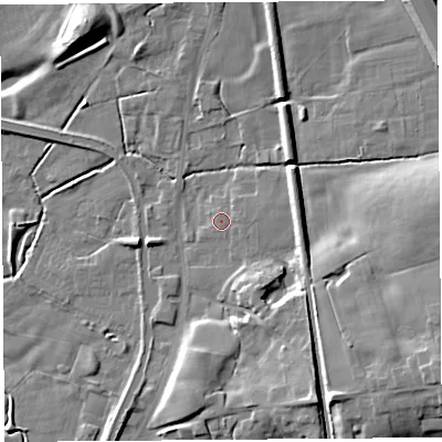 Shaded relief map of the ground around PR30RJ, computed from Environment Agency LiDAR. The ground here sits at about 22 m above sea level and falls 16 m across the surrounding 800 m. Surface water reaching this point runs off ground lying to the east, 0.8 m higher.