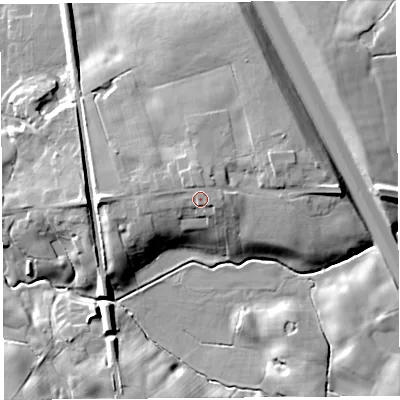 Shaded relief map of the ground around PR30RN, computed from Environment Agency LiDAR. The ground here sits at about 32 m above sea level and falls 16 m across the surrounding 800 m. Surface water reaching this point runs off ground lying to the north-north-east, 2.5 m higher.