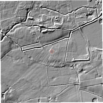 Shaded relief map of the ground around PR30RS, computed from Environment Agency LiDAR. The ground here sits at about 15 m above sea level and falls 8 m across the surrounding 800 m. Surface water reaching this point runs off ground lying to the south-east, 0.9 m higher.