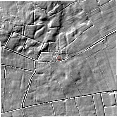 Shaded relief map of the ground around PR30RU, computed from Environment Agency LiDAR. The ground here sits at about 12 m above sea level and falls 6 m across the surrounding 800 m. Surface water reaching this point runs off ground lying to the east-north-east, 3.4 m higher.