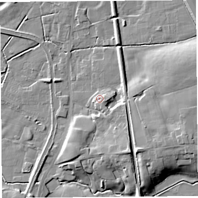 Shaded relief map of the ground around PR30RX, computed from Environment Agency LiDAR. The ground here sits at about 25 m above sea level and falls 16 m across the surrounding 800 m. Surface water reaching this point runs off ground lying to the south-south-east, 3.1 m higher.