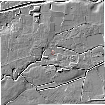 Shaded relief map of the ground around PR30RY, computed from Environment Agency LiDAR. The ground here sits at about 14 m above sea level and falls 8 m across the surrounding 800 m. Surface water reaching this point runs off ground lying to the east, 4.1 m higher.