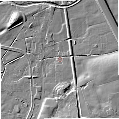 Shaded relief map of the ground around PR30SA, computed from Environment Agency LiDAR. The ground here sits at about 22 m above sea level and falls 15 m across the surrounding 800 m. Surface water reaching this point runs off ground lying to the south-east, 11.8 m higher.