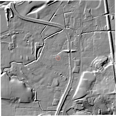 Shaded relief map of the ground around PR30SE, computed from Environment Agency LiDAR. The ground here sits at about 20 m above sea level and falls 17 m across the surrounding 800 m. Surface water reaching this point runs off ground lying to the north-east, 1.3 m higher.