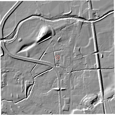 Shaded relief map of the ground around PR30SG, computed from Environment Agency LiDAR. The ground here sits at about 21 m above sea level and falls 15 m across the surrounding 800 m. Surface water reaching this point runs off ground lying to the north-north-east, 5.2 m higher.
