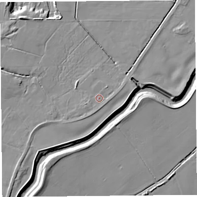 Shaded relief map of the ground around PR30SZ, computed from Environment Agency LiDAR. The ground here sits at about 10 m above sea level and falls 9 m across the surrounding 800 m. Surface water reaching this point runs off ground lying to the south, 1.4 m higher.