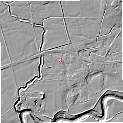 Shaded relief map of the ground around PR30TA, computed from Environment Agency LiDAR. The ground here sits at about 11 m above sea level and falls 15 m across the surrounding 800 m. Surface water reaching this point runs off ground lying to the south-east, 2.6 m higher.