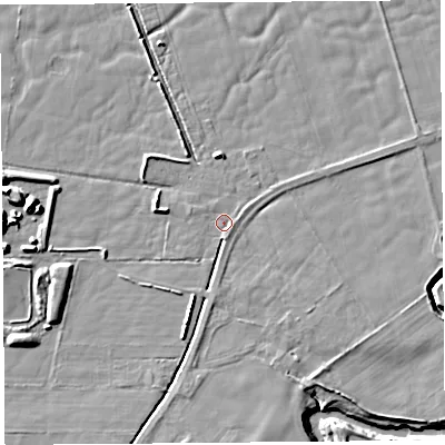 Shaded relief map of the ground around PR30TB, computed from Environment Agency LiDAR. The ground here sits at about 9 m above sea level and falls 9 m across the surrounding 800 m. Surface water reaching this point runs off ground lying to the south, 1.5 m higher.