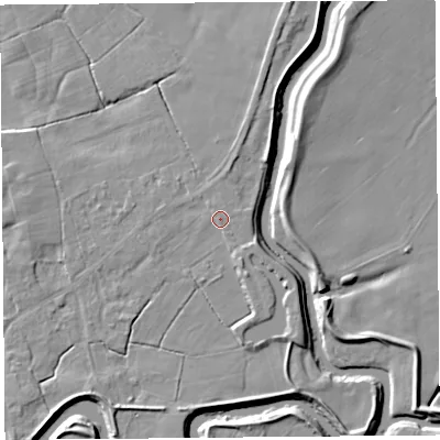 Shaded relief map of the ground around PR30TD, computed from Environment Agency LiDAR. The ground here sits at about 10 m above sea level and falls 6 m across the surrounding 800 m. The ground contributing surface water to this point lies to the south-east.