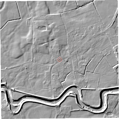 Shaded relief map of the ground around PR30TE, computed from Environment Agency LiDAR. The ground here sits at about 8 m above sea level and falls 6 m across the surrounding 800 m. Surface water reaching this point runs off ground lying to the east, 4.3 m higher.