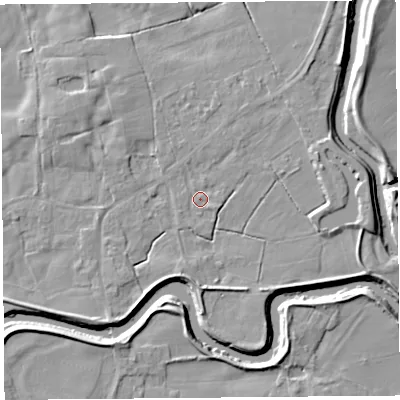 Shaded relief map of the ground around PR30TF, computed from Environment Agency LiDAR. The ground here sits at about 8 m above sea level and falls 6 m across the surrounding 800 m. Surface water reaching this point runs off ground lying to the east-south-east, 1.2 m higher.
