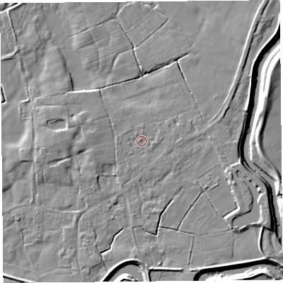 Shaded relief map of the ground around PR30TG, computed from Environment Agency LiDAR. The ground here sits at about 8 m above sea level and falls 6 m across the surrounding 800 m. Surface water reaching this point runs off ground lying to the east, 1.0 m higher.