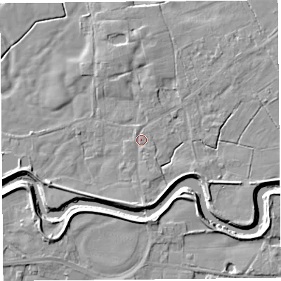 Shaded relief map of the ground around PR30TH, computed from Environment Agency LiDAR. The ground here sits at about 8 m above sea level and falls 6 m across the surrounding 800 m. Surface water reaching this point runs off ground lying to the south-south-east, 1.2 m higher.