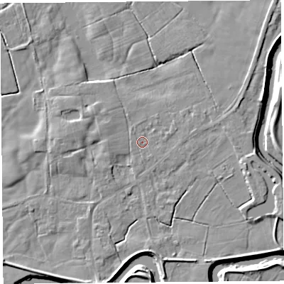 Shaded relief map of the ground around PR30TL, computed from Environment Agency LiDAR. The ground here sits at about 8 m above sea level and falls 6 m across the surrounding 800 m. Surface water reaching this point runs off ground lying to the east-north-east, 1.1 m higher.