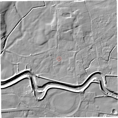 Shaded relief map of the ground around PR30TN, computed from Environment Agency LiDAR. The ground here sits at about 7 m above sea level and falls 6 m across the surrounding 800 m. Surface water reaching this point runs off ground lying to the east-south-east, 0.9 m higher.