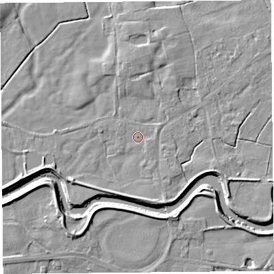 Shaded relief map of the ground around PR30TP, computed from Environment Agency LiDAR. The ground here sits at about 7 m above sea level and falls 6 m across the surrounding 800 m. Surface water reaching this point runs off ground lying to the south-east, 0.8 m higher.