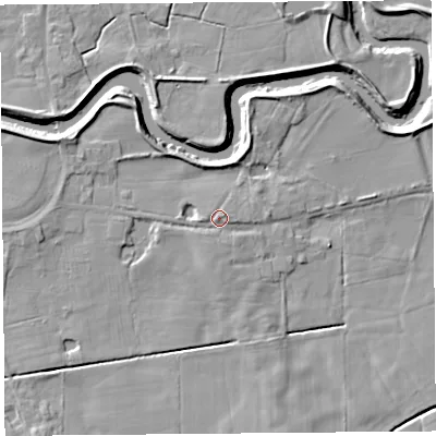 Shaded relief map of the ground around PR30TQ, computed from Environment Agency LiDAR. The ground here sits at about 9 m above sea level and falls 6 m across the surrounding 800 m. Surface water reaching this point runs off ground lying to the south-south-east, 0.6 m higher.