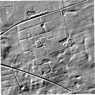 Shaded relief map of the ground around PR30TR, computed from Environment Agency LiDAR. The ground here sits at about 11 m above sea level and falls 6 m across the surrounding 800 m. Surface water reaching this point runs off ground lying to the south, 0.7 m higher.
