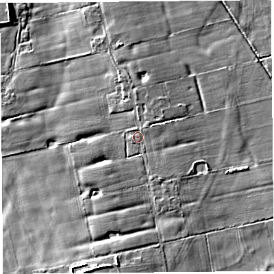 Shaded relief map of the ground around PR30TT, computed from Environment Agency LiDAR. The ground here sits at about 10 m above sea level and falls 7 m across the surrounding 800 m. Surface water reaching this point runs off ground lying to the north-north-east, 0.7 m higher.