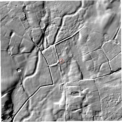 Shaded relief map of the ground around PR30TY, computed from Environment Agency LiDAR. The ground here sits at about 7 m above sea level and falls 6 m across the surrounding 800 m. Surface water reaching this point runs off ground lying to the east-north-east, 0.6 m higher.