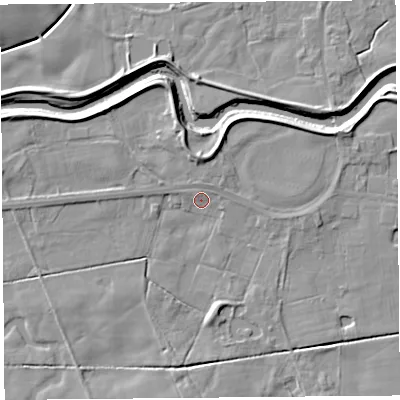 Shaded relief map of the ground around PR30UA, computed from Environment Agency LiDAR. The ground here sits at about 7 m above sea level and falls 6 m across the surrounding 800 m. Surface water reaching this point runs off ground lying to the north-north-west, 1.3 m higher.