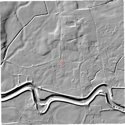 Shaded relief map of the ground around PR30UD, computed from Environment Agency LiDAR. The ground here sits at about 8 m above sea level and falls 6 m across the surrounding 800 m. Surface water reaching this point runs off ground lying to the east-south-east, 3.3 m higher.