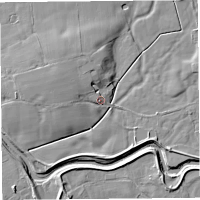 Shaded relief map of the ground around PR30UE, computed from Environment Agency LiDAR. The ground here sits at about 9 m above sea level and falls 8 m across the surrounding 800 m. Surface water reaching this point runs off ground lying to the west-north-west, 5.2 m higher.