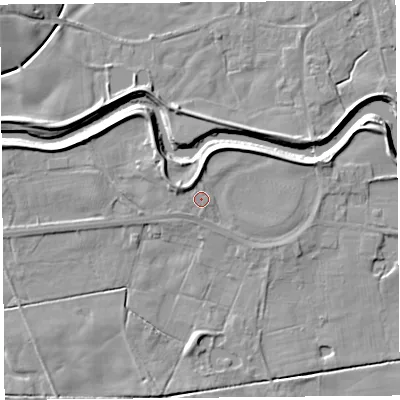 Shaded relief map of the ground around PR30UP, computed from Environment Agency LiDAR. The ground here sits at about 8 m above sea level and falls 6 m across the surrounding 800 m. Surface water reaching this point runs off ground lying to the west-north-west, 0.5 m higher.