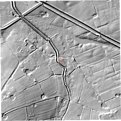 Shaded relief map of the ground around PR30US, computed from Environment Agency LiDAR. The ground here sits at about 7 m above sea level and falls 11 m across the surrounding 800 m. Surface water reaching this point runs off ground lying to the south-west, 10.4 m higher.