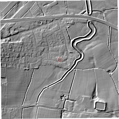 Shaded relief map of the ground around PR30UT, computed from Environment Agency LiDAR. The ground here sits at about 7 m above sea level and falls 9 m across the surrounding 800 m. Surface water reaching this point runs off ground lying to the south, 0.8 m higher.