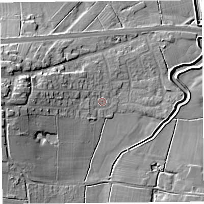 Shaded relief map of the ground around PR30UX, computed from Environment Agency LiDAR. The ground here sits at about 8 m above sea level and falls 15 m across the surrounding 800 m. Surface water reaching this point runs off ground lying to the west, 9.4 m higher.