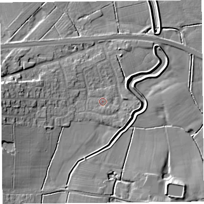 Shaded relief map of the ground around PR30UY, computed from Environment Agency LiDAR. The ground here sits at about 7 m above sea level and falls 10 m across the surrounding 800 m. Surface water reaching this point runs off ground lying to the south, 0.7 m higher.