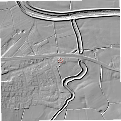 Shaded relief map of the ground around PR30XA, computed from Environment Agency LiDAR. The ground here sits at about 7 m above sea level and falls 8 m across the surrounding 800 m. Surface water reaching this point runs off ground lying to the west-south-west, 4.6 m higher.