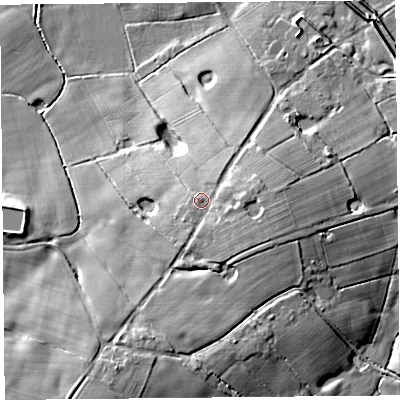 Shaded relief map of the ground around PR30XB, computed from Environment Agency LiDAR. The ground here sits at about 13 m above sea level and falls 11 m across the surrounding 800 m. Surface water reaching this point runs off ground lying to the east, 2.0 m higher.